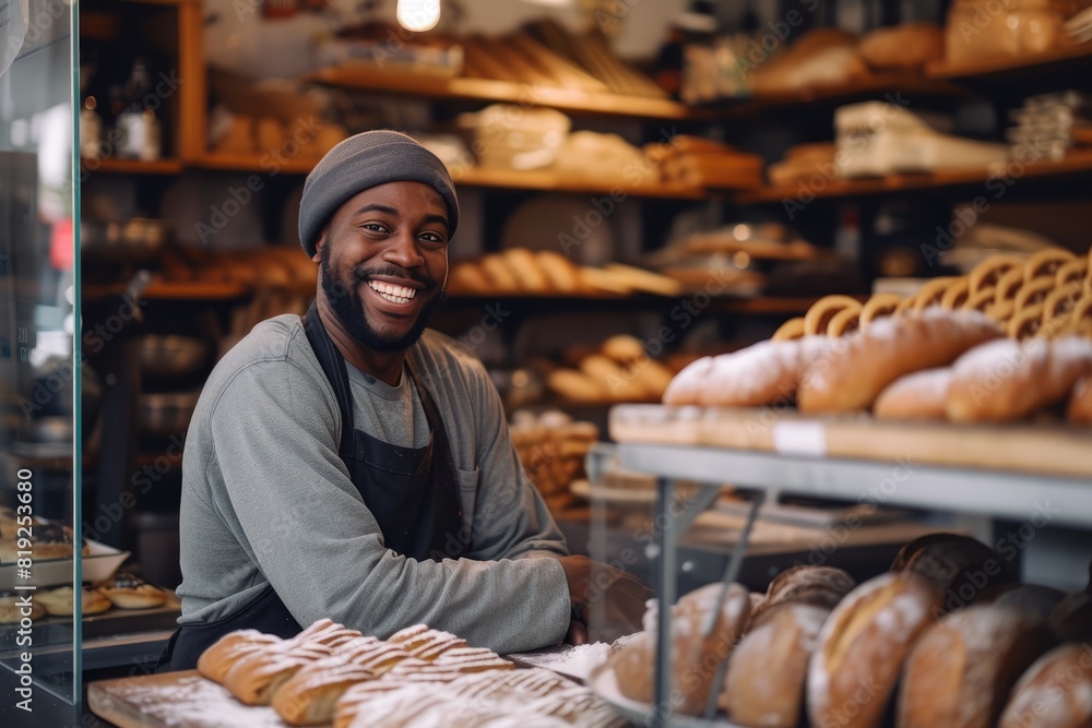 Smiling bakery worker with delicious treats