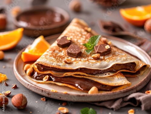crepes with chocolate spread, hazelnuts, and orange slices, known as Crepes Suzette, are served on a white plate atop an old concrete rustic table. 