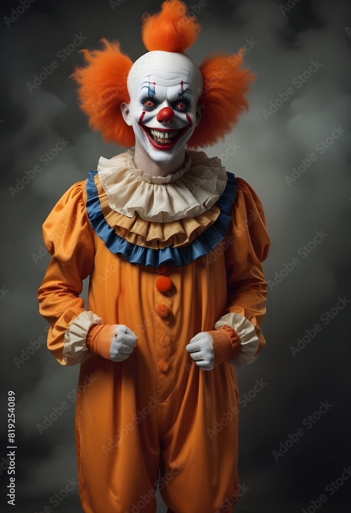 Evil smiling clown standing in orange dress