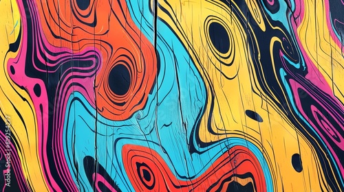 Pop art wood grain with bold, contrasting colors and patterns, Pop art, Bright primary colors, Illustration, Eyecatching and vibrant