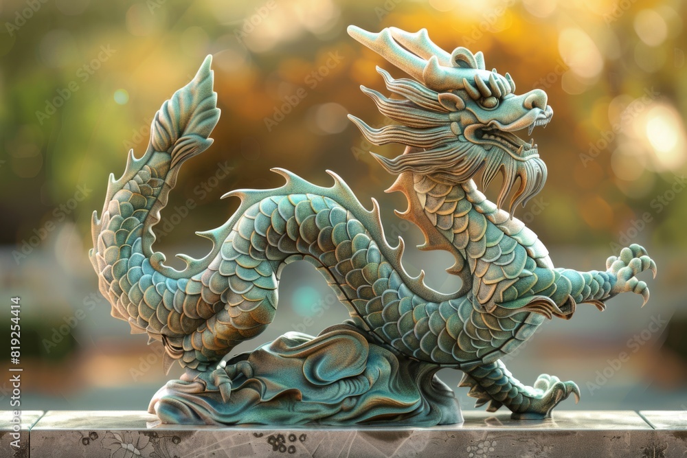 A dragon statue perched on a table, suitable for fantasy themes A dragon statue perched on a table, suitable for fantasy themes