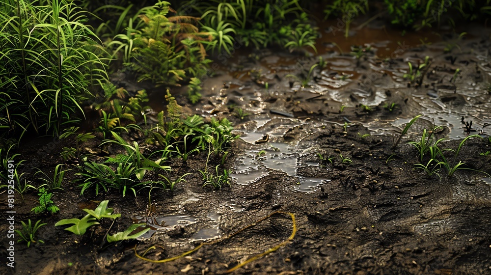 Riverbank with mud and vegetation, riparian zone, dark browns and greens, highresolution photography, detailed mud and plant textures Riverbank with mud and vegetation, riparian zone, dark browns and greens, highresolution photography, detailed mud and plant textures