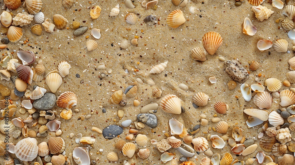Sand texture with small shells and pebbles, Natural, Warm colors, High resolution, Detailed and realistic