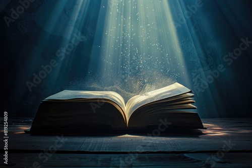 Open book with rays of light coming out of pages on a dark background