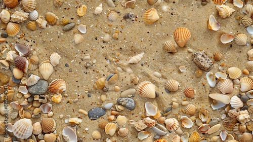 Sand texture with small shells and pebbles  Natural  Warm colors  High resolution  Detailed and realistic
