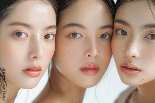 Three Japanese models with flawless skin standing side by side in a beauty clinic setting