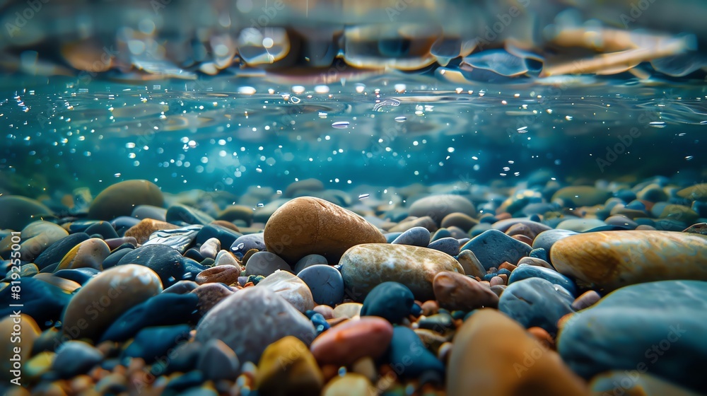 Smooth pebbles on a riverbed, underwater, various earthy tones, macro photography, water distortion effect Smooth pebbles on a riverbed, underwater, various earthy tones, macro photography, water distortion effect