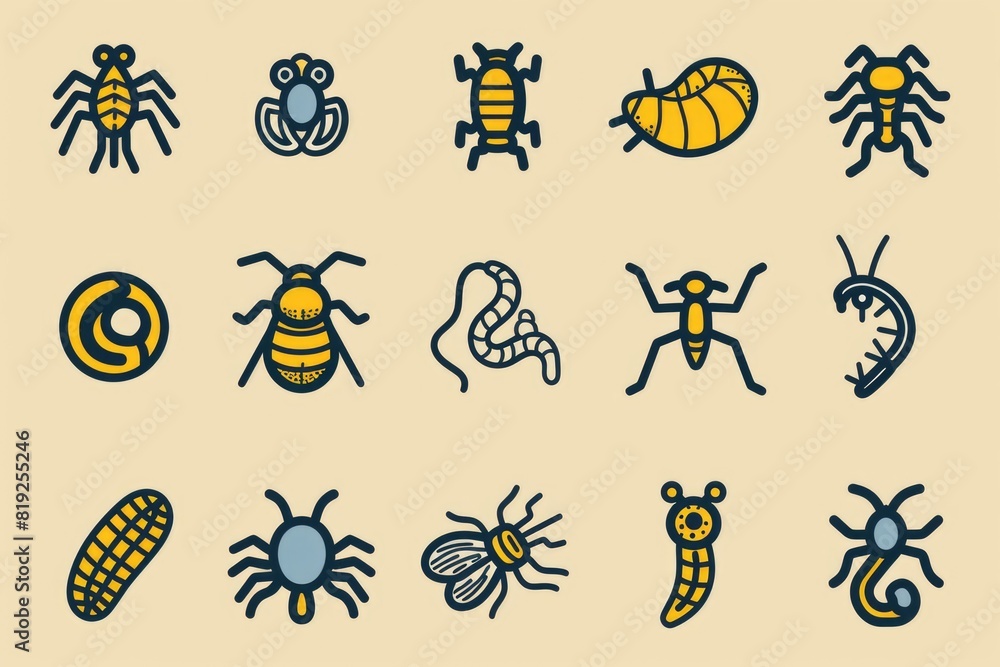 Various bugs and insects on a bright yellow backdrop. Ideal for educational materials or nature-themed designs Various bugs and insects on a bright yellow backdrop. Ideal for educational materials or nature-themed designs