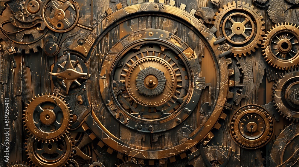 Steampunk wood grain with intricate clockwork overlays, Steampunk, Brown and brass, Digital art, Industrial and vintage Steampunk wood grain with intricate clockwork overlays, Steampunk, Brown and brass, Digital art, Industrial and vintage