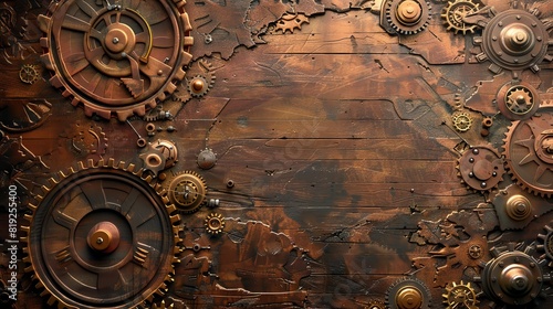 Steampunk wood grain with intricate clockwork overlays, Steampunk, Brown and brass, Digital art, Industrial and vintage