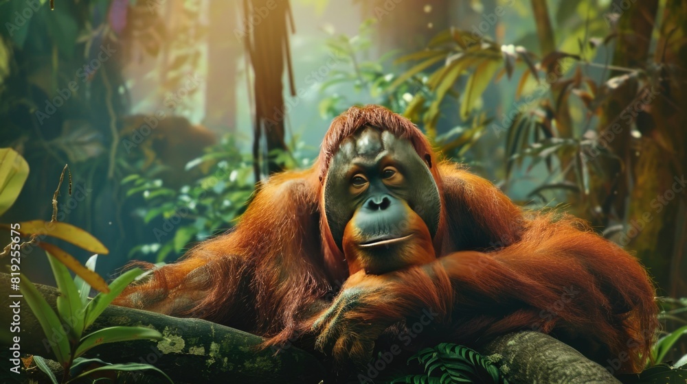 Obraz premium Orangutan in a cinematic tropical forest background with beautiful colors