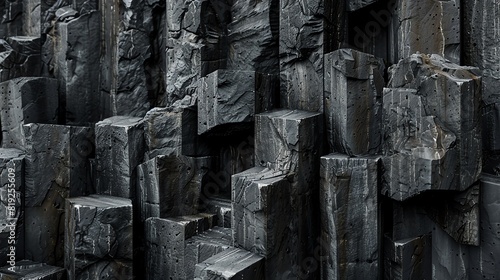 Textured basalt columns, forming natural geometric shapes, creating a striking visual pattern, Realistic, Dark tones, High detail