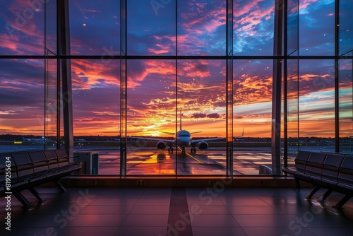 Airport terminal with passenger airplane silhouette against sunset sky visible through windows