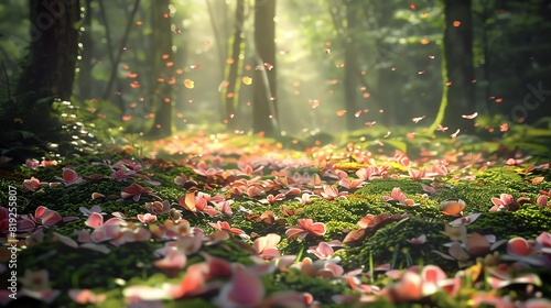 Vibrant flower petals scattered on a mosscovered forest floor, sunlight filtering through the trees, creating dappled light effects, Natural, Realistic, High Contrast photo