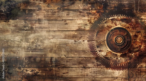 Vintage wood texture with a subtle steampunk gear overlay, Steampunk, Sepia tones, Illustration, Intricate details