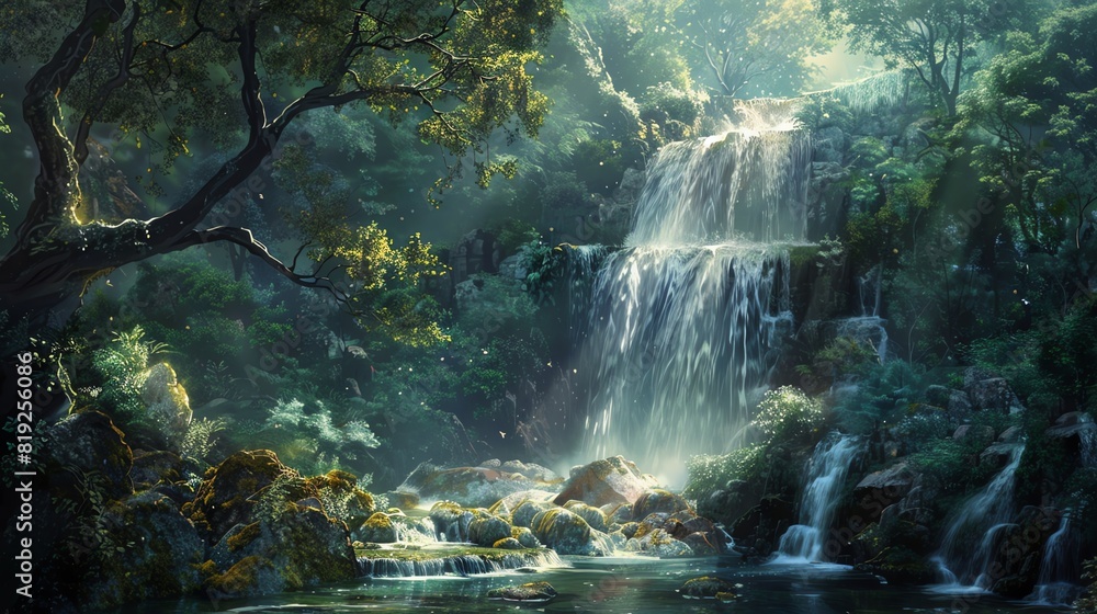 Waterfall in a forest, Fantasy, Cool tones, HDR, showcasing the dynamic texture of cascading water in a magical setting Waterfall in a forest, Fantasy, Cool tones, HDR, showcasing the dynamic texture of cascading water in a magical setting