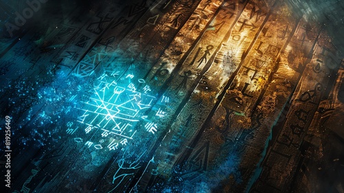 Wooden surface with ancient runes glowing softly  Fantasy  Earthy tones with glowing blue  Digital art  Mythical atmosphere
