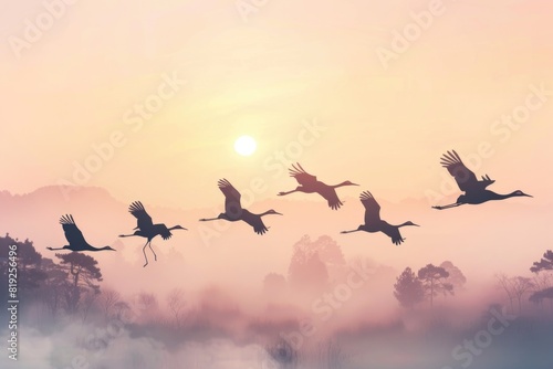 A flock of birds flying in the air. Suitable for various nature and freedom concepts photo