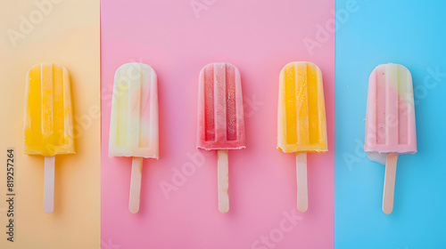 Five frozen colorful ice creams on a colorful background. Flat lay concept  minimal design. Pastel color.