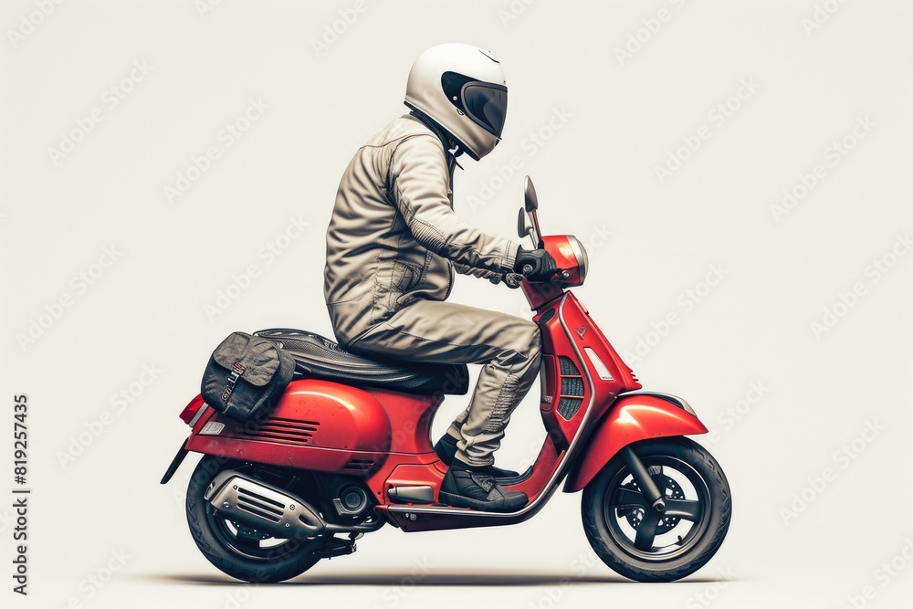 Modern Mobility: Motorcyclist in Full-Face Helmet, White Background Modern Mobility: Motorcyclist in Full-Face Helmet, White Background