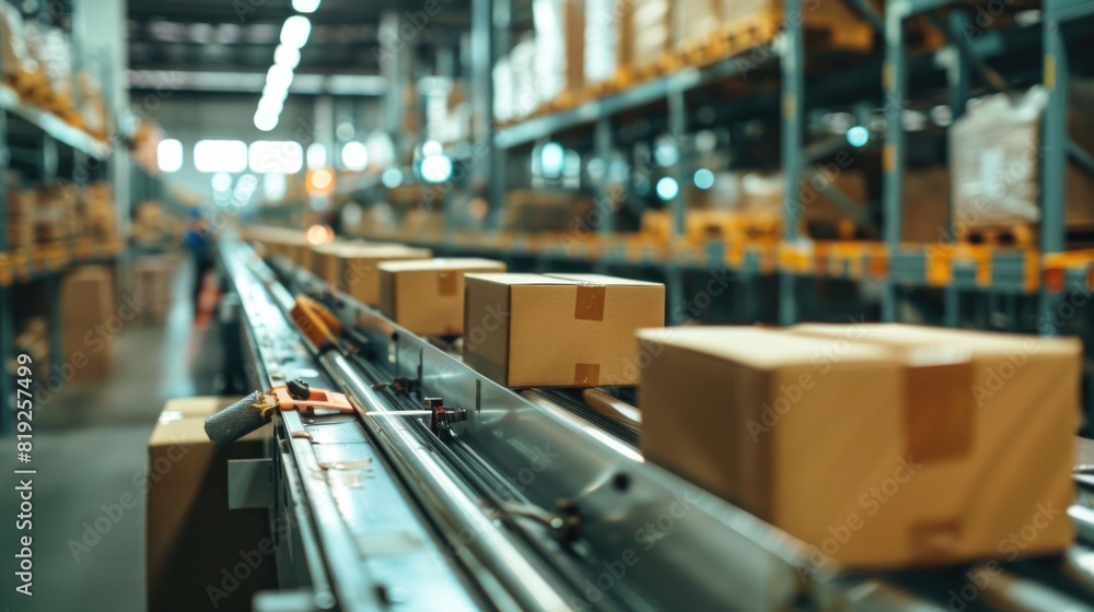 Packages on the production line in a warehouse Packages on the production line in a warehouse