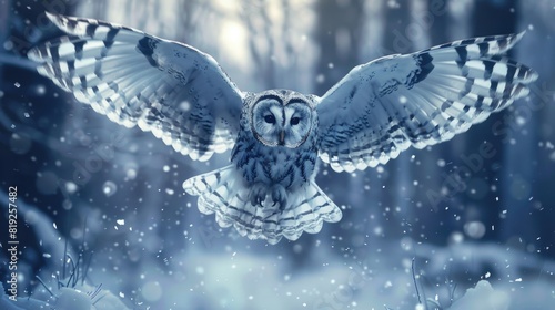 Owl with wings spread out in winter scene photo