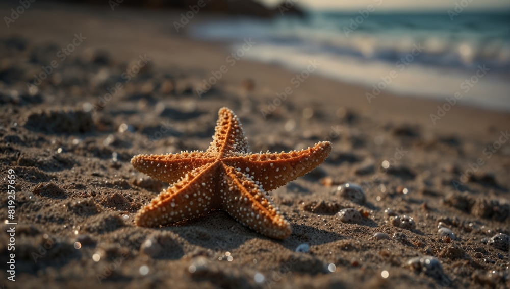 A starfish on a sandy beach next to the ocean,. A starfish on a sandy beach next to the ocean,.