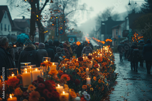 A somber funeral procession winding its way through the streets, honoring the life of a loved one with reverence and respect. Concept of mourning and remembrance. Generative Ai. photo