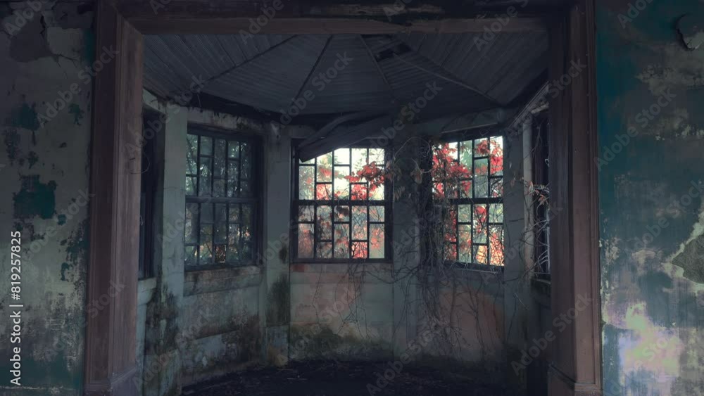 Antigua habitación con paredes azules y hojas de otoño en las ventanas en una casa abandonada (ProRes 422HQ, 4K) Antigua habitación con paredes azules y hojas de otoño en las ventanas en una casa abandonada (ProRes 422HQ, 4K)