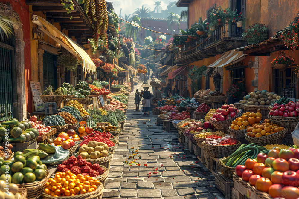 A vibrant street market alive with the colors and aromas of fresh produce and exotic spices, where vendors call out to passersby. Concept of cultural diversity and commerce. Generative Ai.