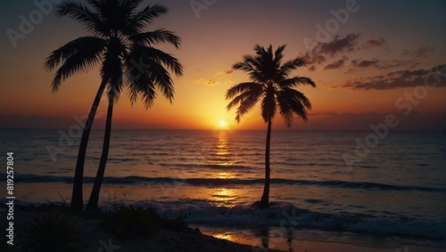 A sunset over the ocean with two palm trees in front of it,.