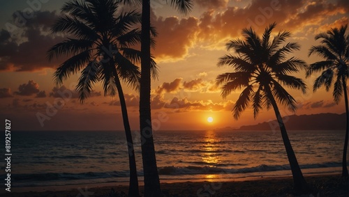 A sunset over the ocean with two palm trees in front of it,.