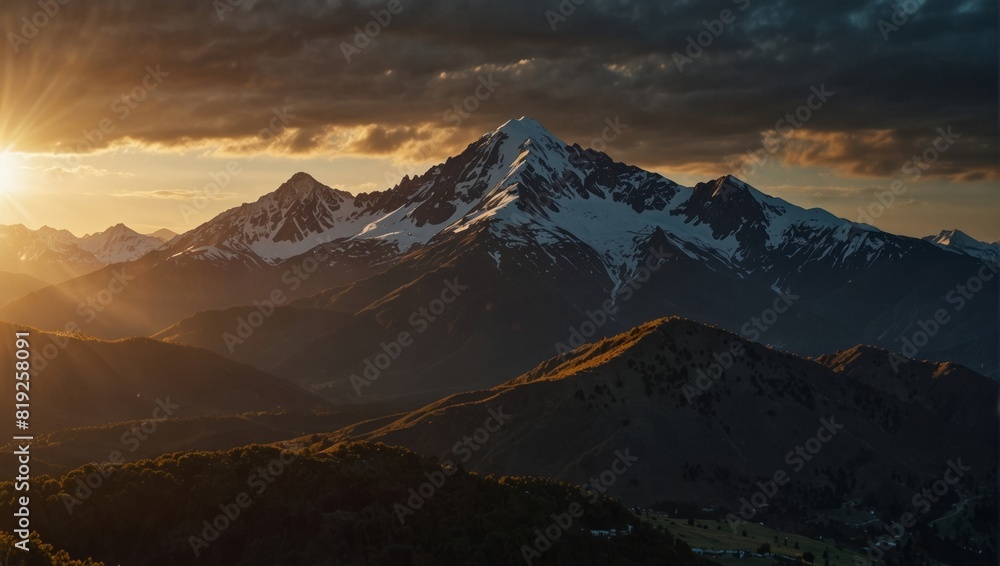 A view of a mountain range with the sun shining on it,. A view of a mountain range with the sun shining on it,.