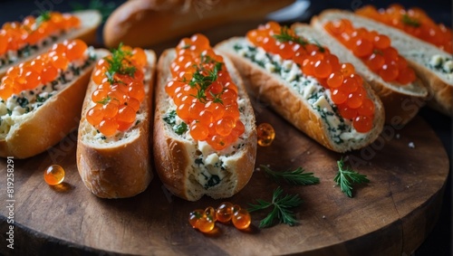 Baguette sandwiches with red salmon caviar and cheese. Top view. photo