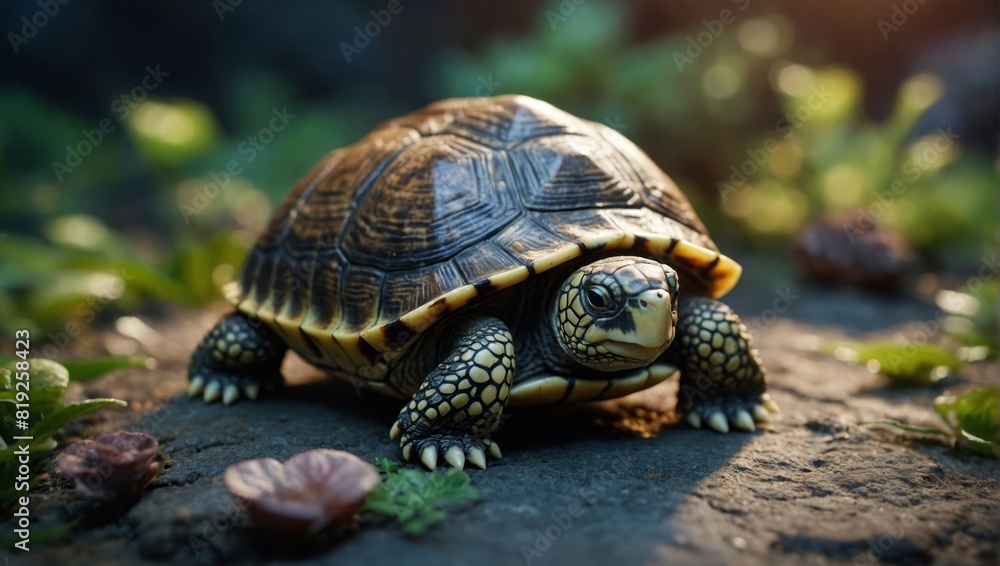 Obraz premium Cute cartoon turtle. View from above. Cartoon flat.