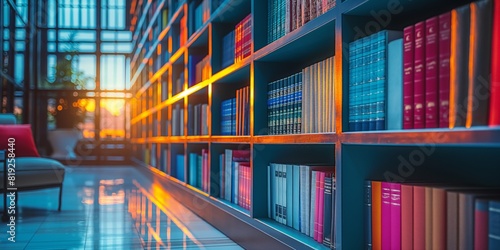 Bright library interior with colorful bookshelves  sunlit windows  and cozy seating area creating a warm reading environment.