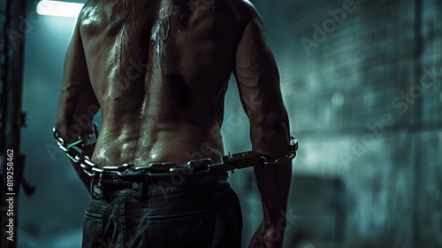 Pair of handcuffs tied behind his back photo
