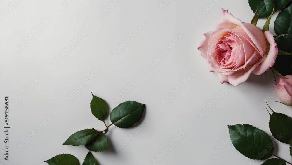 Pink roses with buds and green leaves arranged in frame on white background with copy space, floral flat lay with empty space. Wedding and romantic concepts. generation. Pink roses with buds and green leaves arranged in frame on white background with copy space, floral flat lay with empty space. Wedding and romantic concepts. generation.