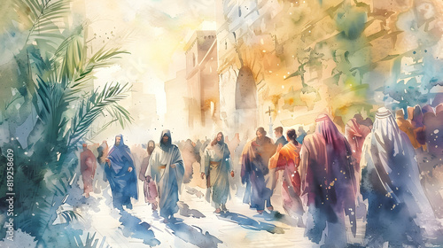 Jesus entering in Jerusalem. Palm Sunday. New Testament. Watercolor Biblical Illustration PHOTOGRAPHY
