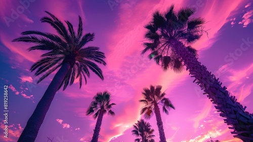 Palm trees framed by purple and pink shades of sunset create an incredible sight. © Vladyslav  Andrukhiv