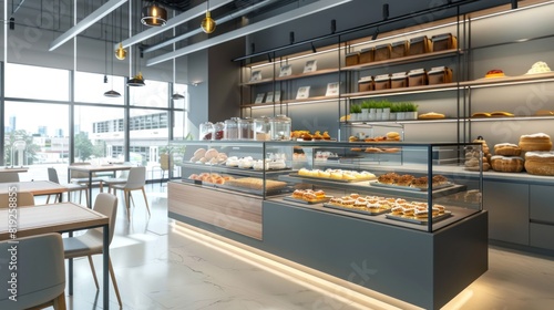 Display case of pastries in modern shop interior. Generative AI