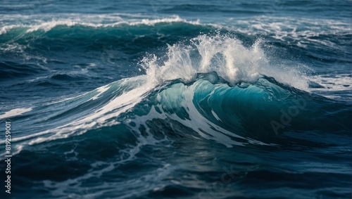 Top view of ocean waves churning with foam, creating intricate patterns of white and deep blue, dynamic water texture. Marine background. generation. © DEER FLUFFY