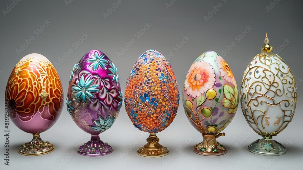 A collection of diverse hued eggs arranged on a metallic pedestal against a grayscale backdrop A collection of diverse hued eggs arranged on a metallic pedestal against a grayscale backdrop