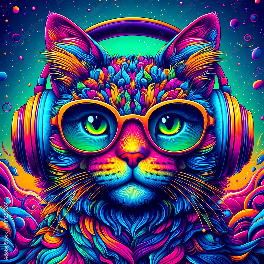 Vibrant colorful illustration of a cat wearing headphones listening to music