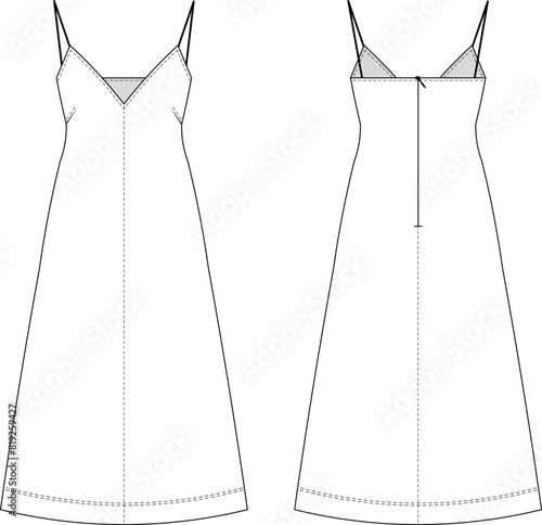 sleeveless deep v neckshoulder spaghetti straps strappy strapped zippered midi knee ankle length denim a-line dress  template technical drawing flat sketch cad mockup fashion woman design style model
