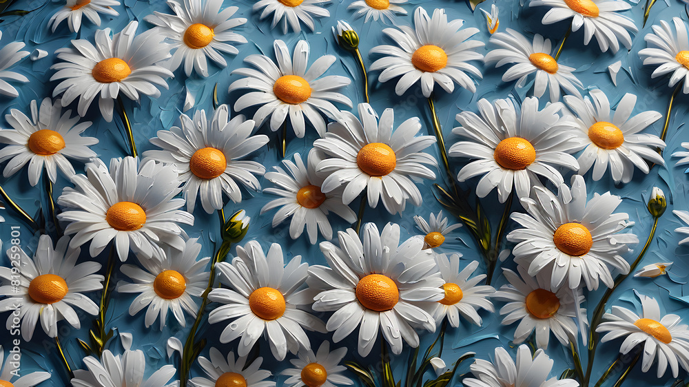 delicate daisies painted in oil on a blue background. floral background delicate daisies painted in oil on a blue background. floral background