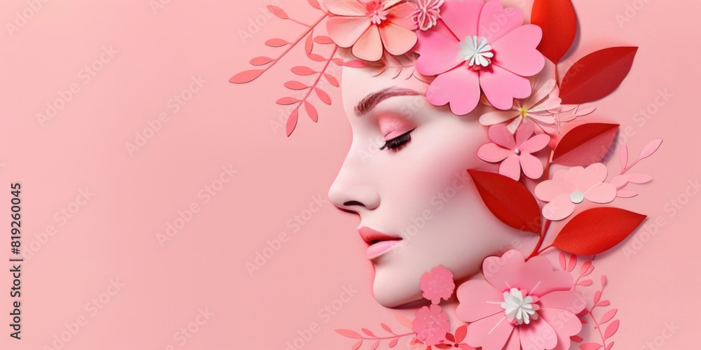 Paper style illustration of a woman's face with flowers and leaves on pink background, International.