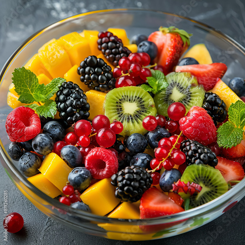 A colorful fruit salad with a variety of fresh berries  kiwi  mango  and mint leaves  served in a clear glass bowl  bright natural lighting  photorealisticHighly detailed photography