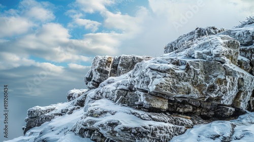 Cold Abstract. Snow-covered Rock Formation Under Cloudy Day Sky