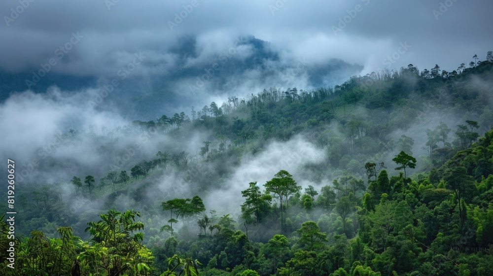 Fog Clouds. Tree Landscape Covered in Lush Clouds against Sky Background